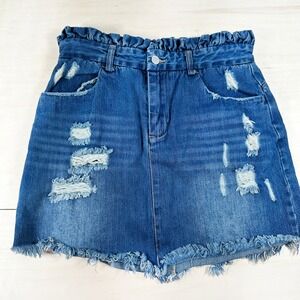 Hayden Ruffle Distressed Denim Mini‎ Skirt - L Jean 100% Cotton